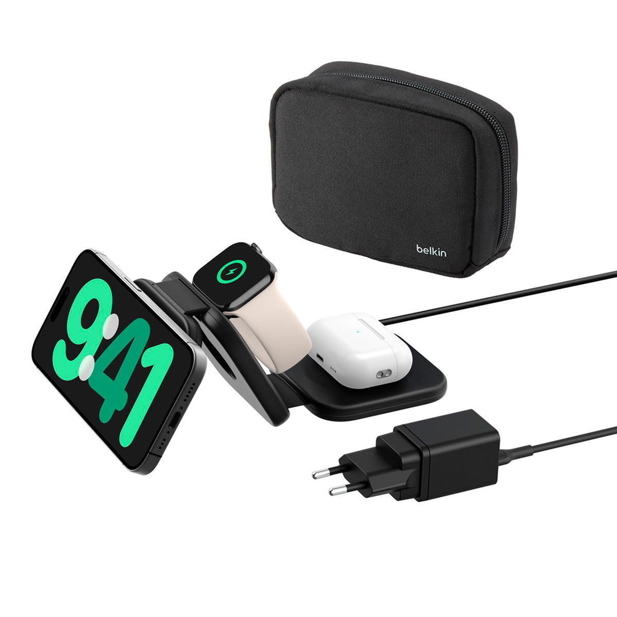 Base de carga 3 en 1 inalambrica plegable de viaje Qi2 Belkin negra